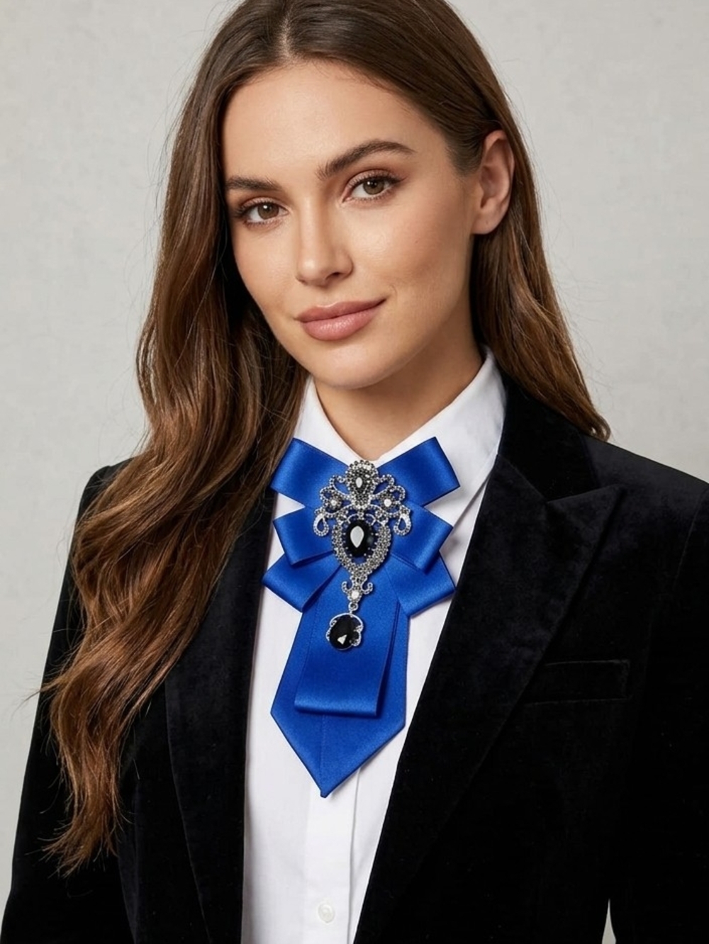 NWT Royal Blue Rhinestone Bow Tie Brooch Statement Collar Necktie Unisex